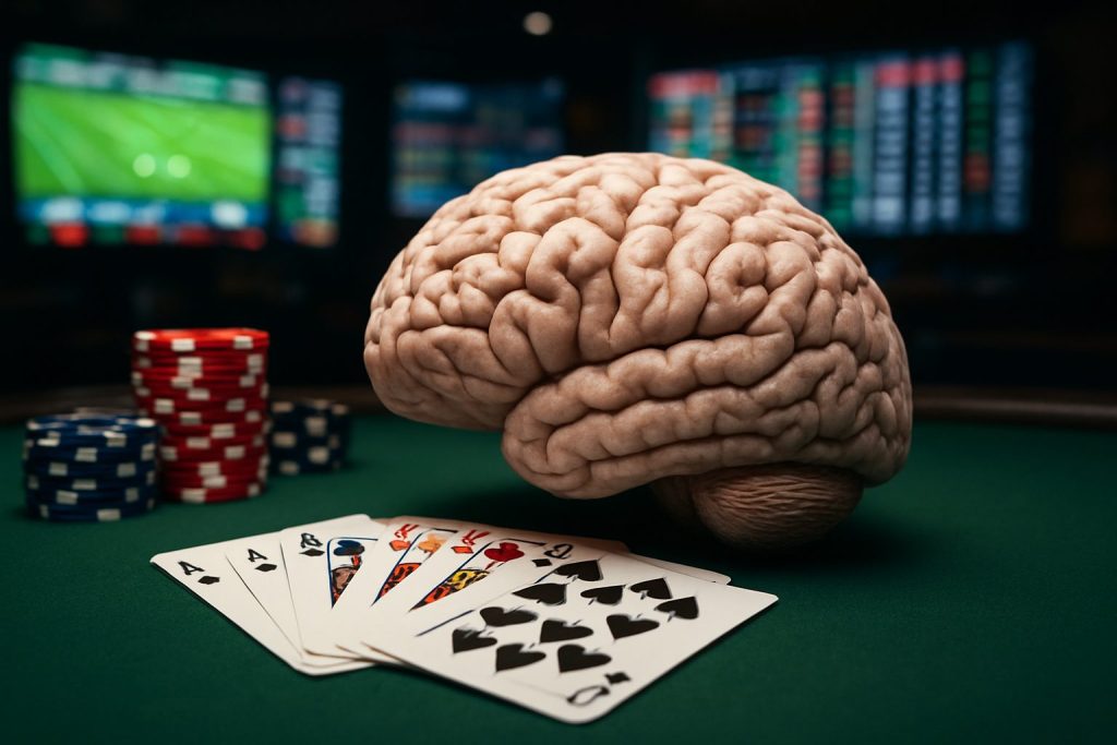 A brain sculpture placed beside playing cards and casino chips on a green felt table, capturing the theme of psychology