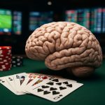 A brain sculpture placed beside playing cards and casino chips on a green felt table, capturing the theme of psychology
