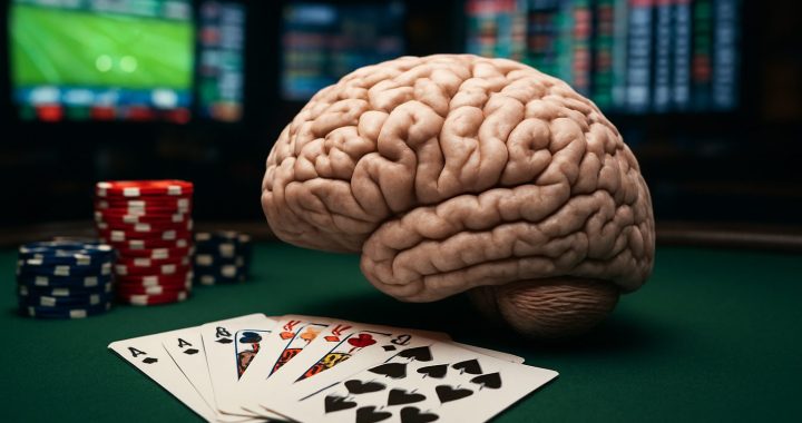 A brain sculpture placed beside playing cards and casino chips on a green felt table, capturing the theme of psychology