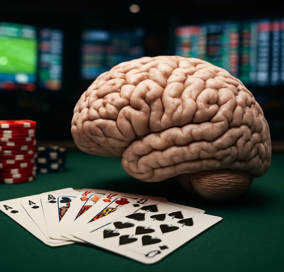 A brain sculpture placed beside playing cards and casino chips on a green felt table, capturing the theme of psychology