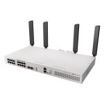 A Mikrotik router with multiple antennas and various ports at the back