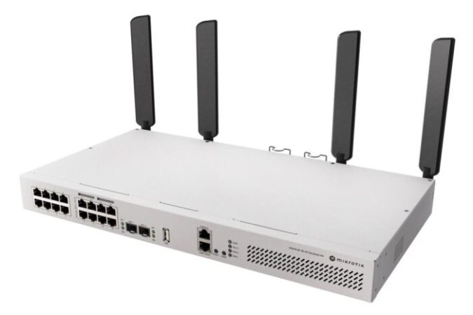 A Mikrotik router with multiple antennas and various ports at the back