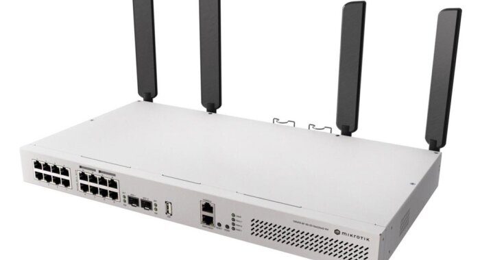 A Mikrotik router with multiple antennas and various ports at the back