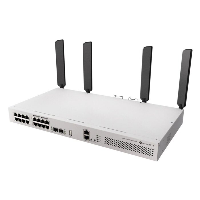 A Mikrotik router with multiple antennas and various ports at the back